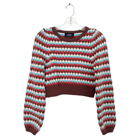 Cider 70s Retro Knit Pattern Cropped Bell Sleeve Sweater - Picture 6 of 9